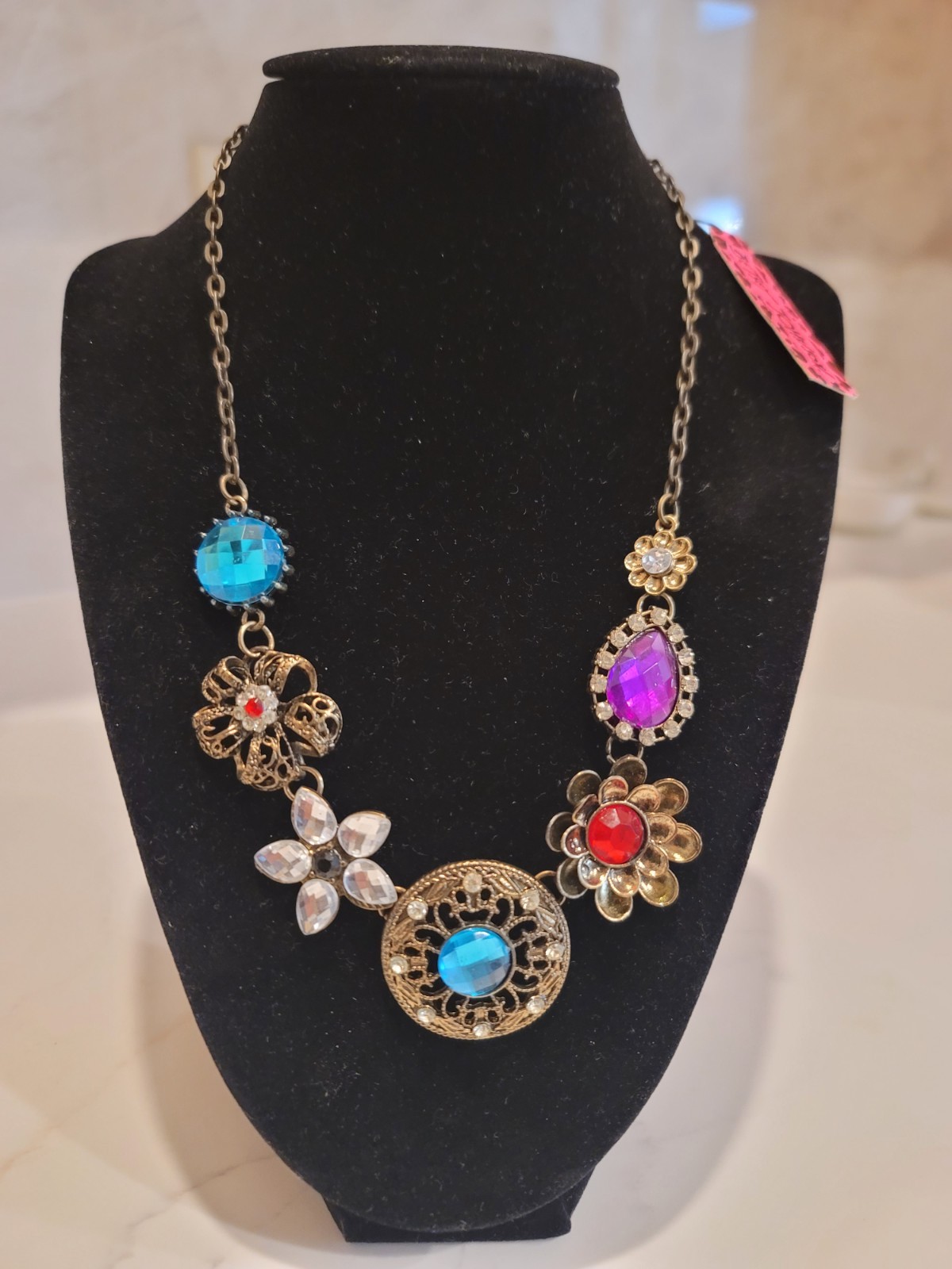 Betsey Johnson Floral Statement Necklace Blue Purple Red Crystal 18″ Signed