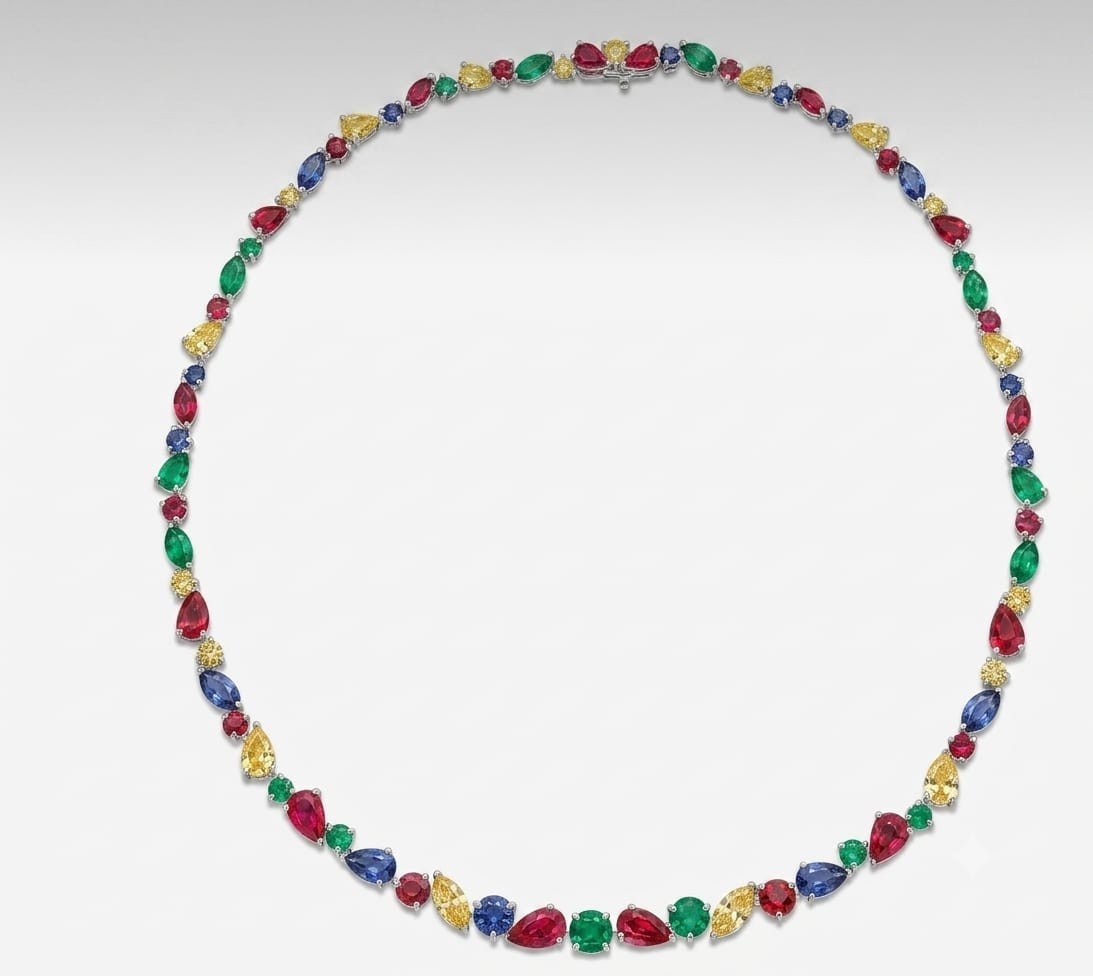 21ct Simulated Multi-Color Gemstones Women’s Tennis Necklace Yellow Gold Plated