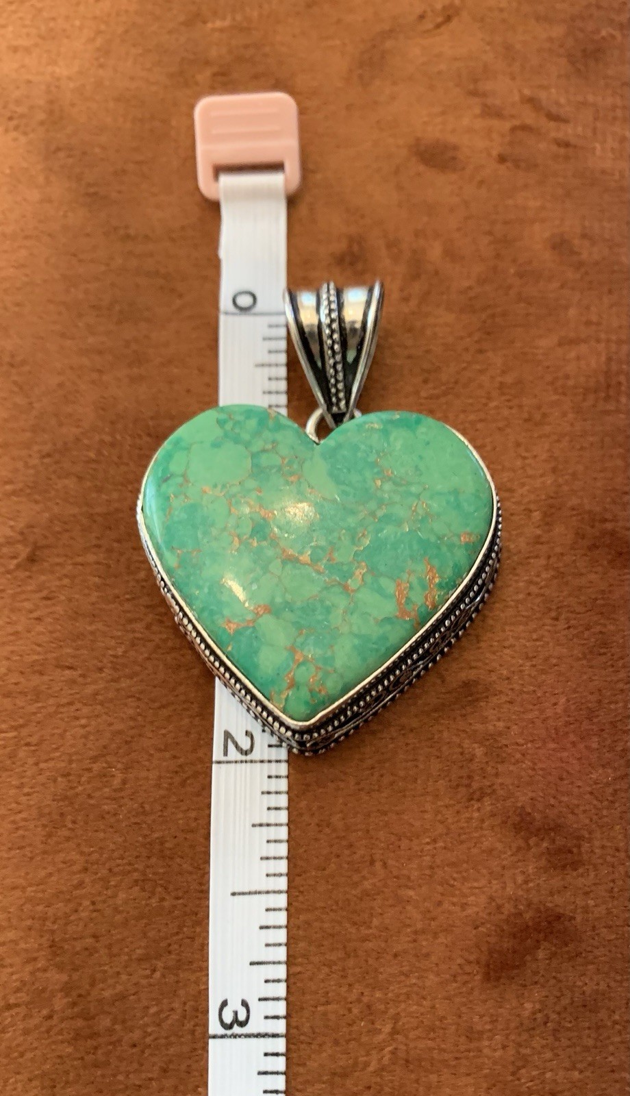 Green Turquoise Detailed Heart Pendant Gold Copper Vein Accent Excellent