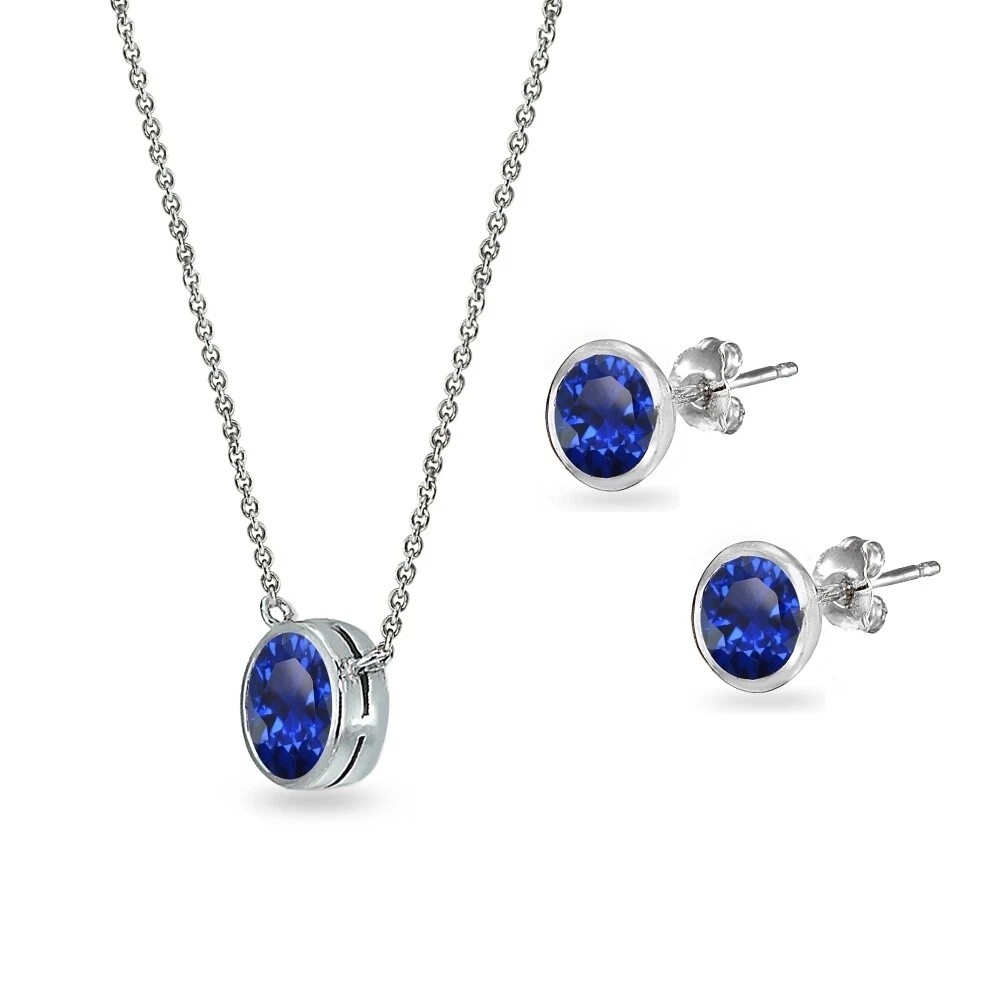 925 Silver Created Blue Sapphire 7mm Round Bezel-Set Necklace & Stud Earring Set