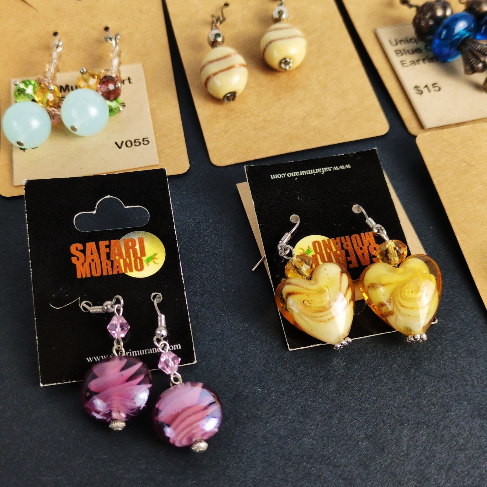 NEW 8 Pair Lot Art Glass Dangle Earrings, Safari Murano Purple Gold Pewter Blue+
