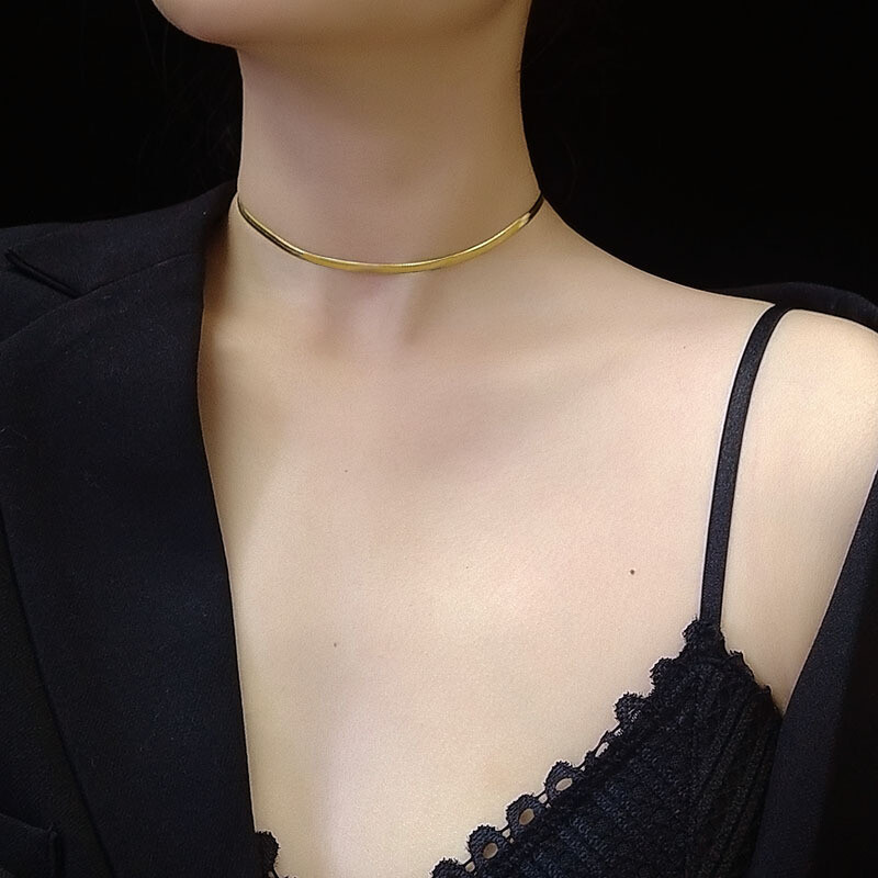 3mm Woman’s 18K Gold Plated Stainless Steel Flat Snake Necklace Choker Chain