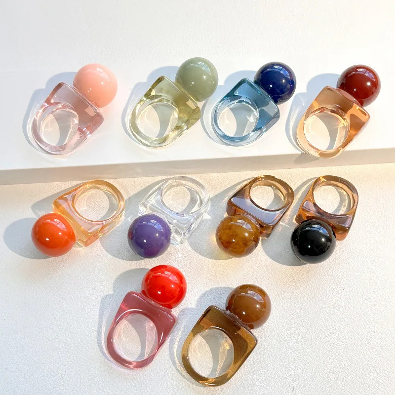 Resin Ball Shape Ring Chunky Geometric Adjustable Wedding Band Women Jewelry