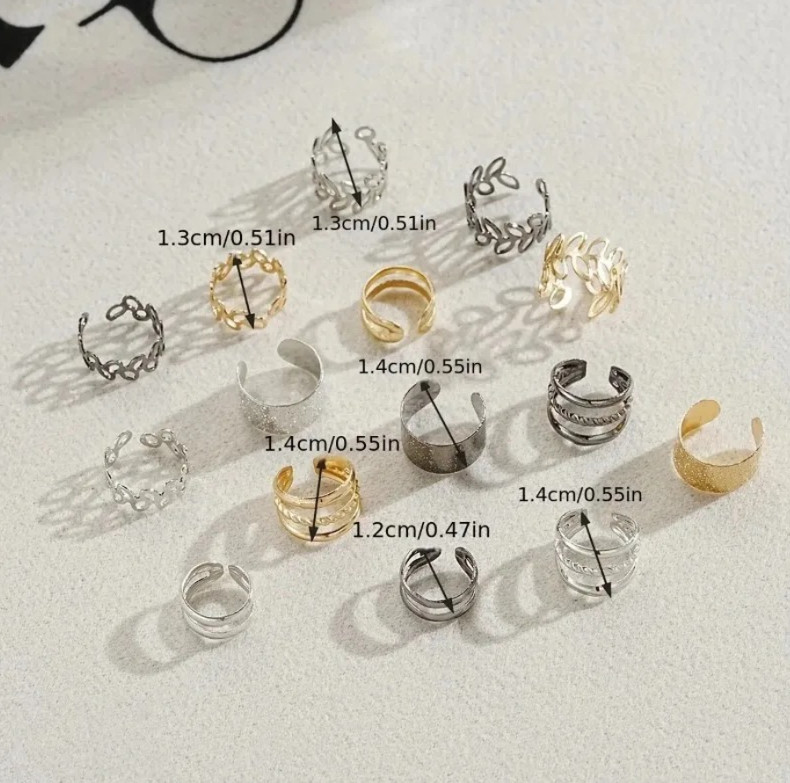15pcs Hollow Leaf Clip-On Earrings Set Punk Style Zinc Alloy Women Jewelry – NEW