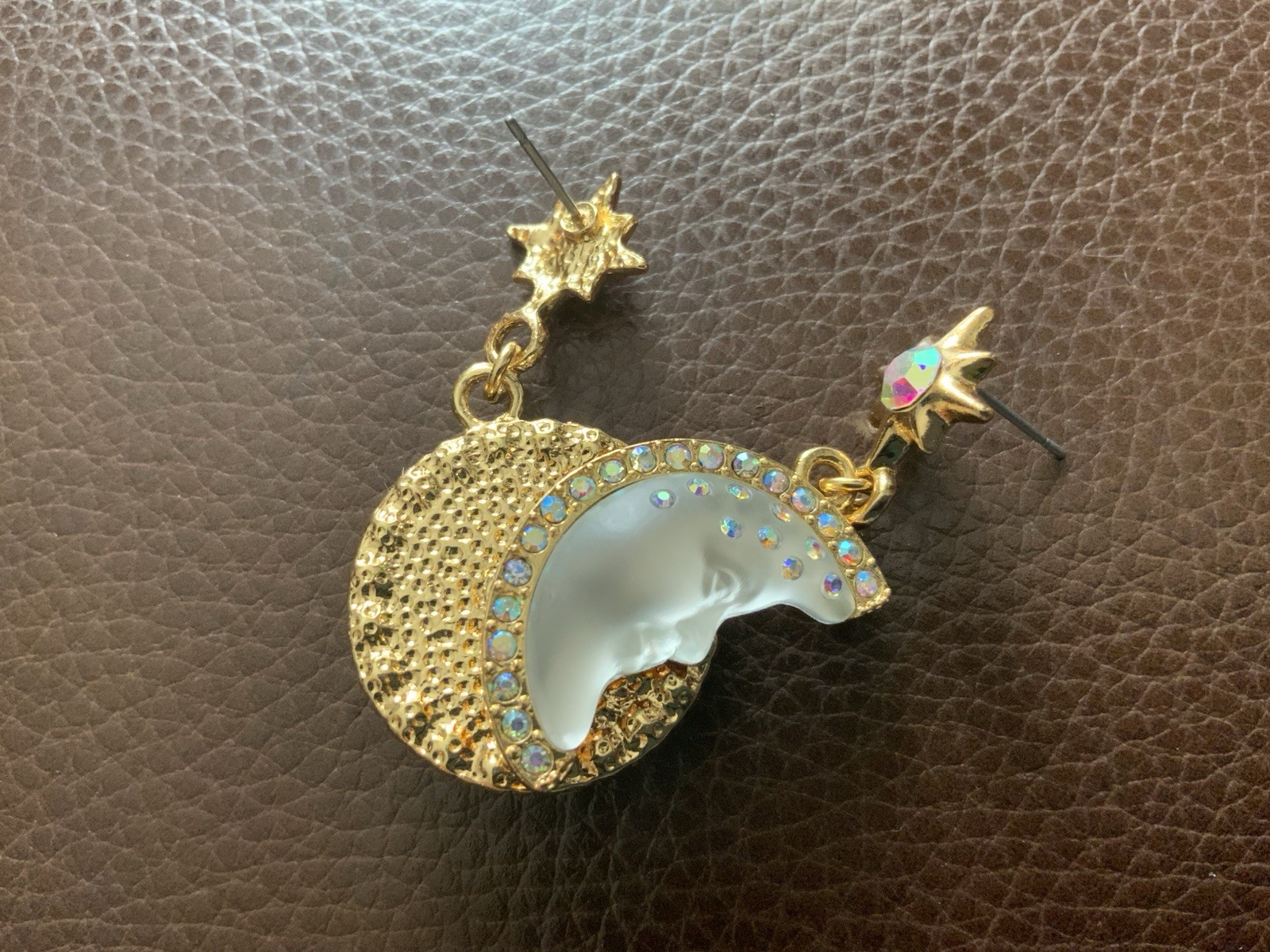 Sun Moon Star Earrings Face Mismatch Gold Deco Celestial Glass CZ Asymmetric