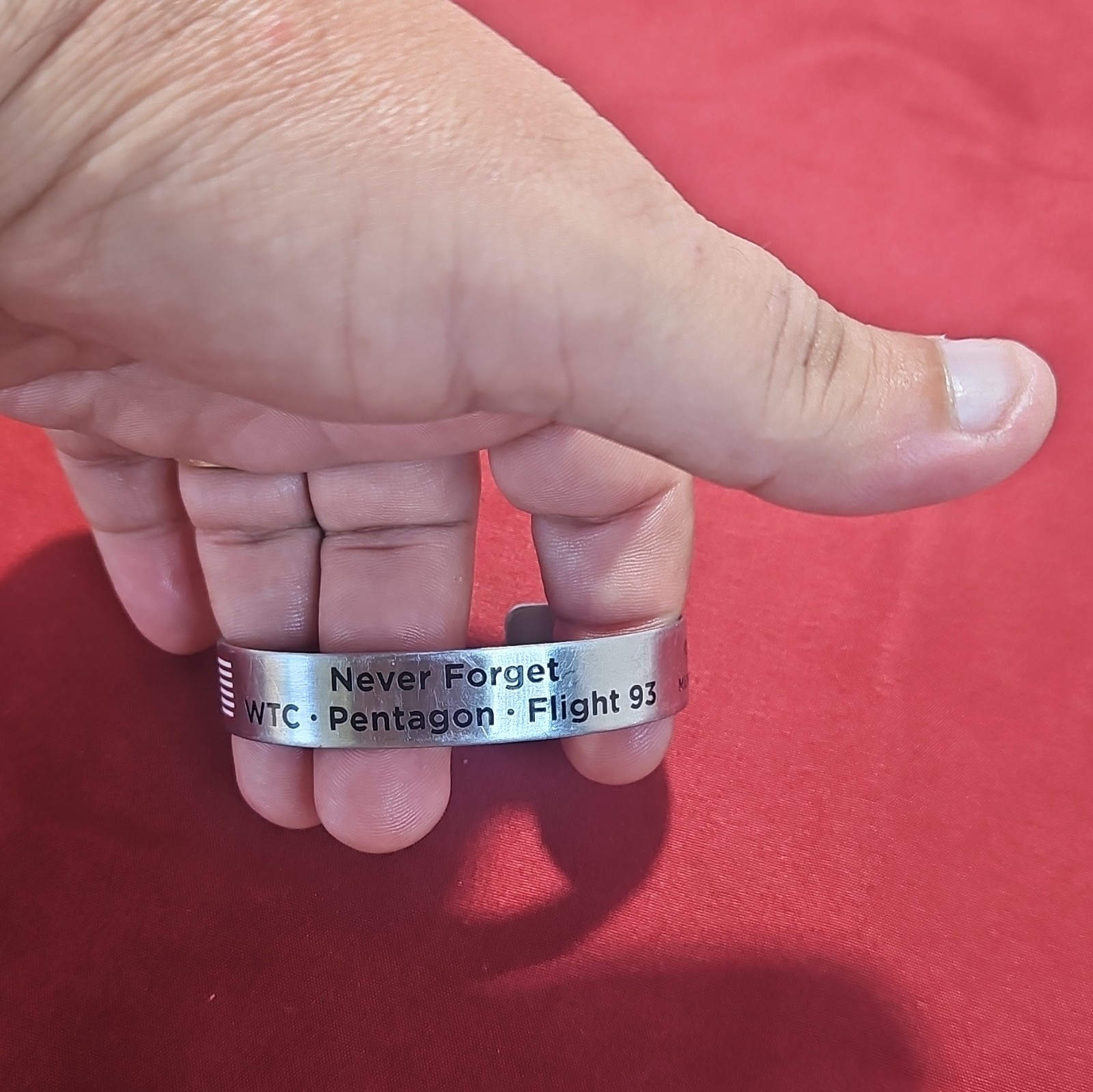 Silver Tone Engraved Cuff Bracelet, 9/11 Memorial Never Forget WTC Flight 93