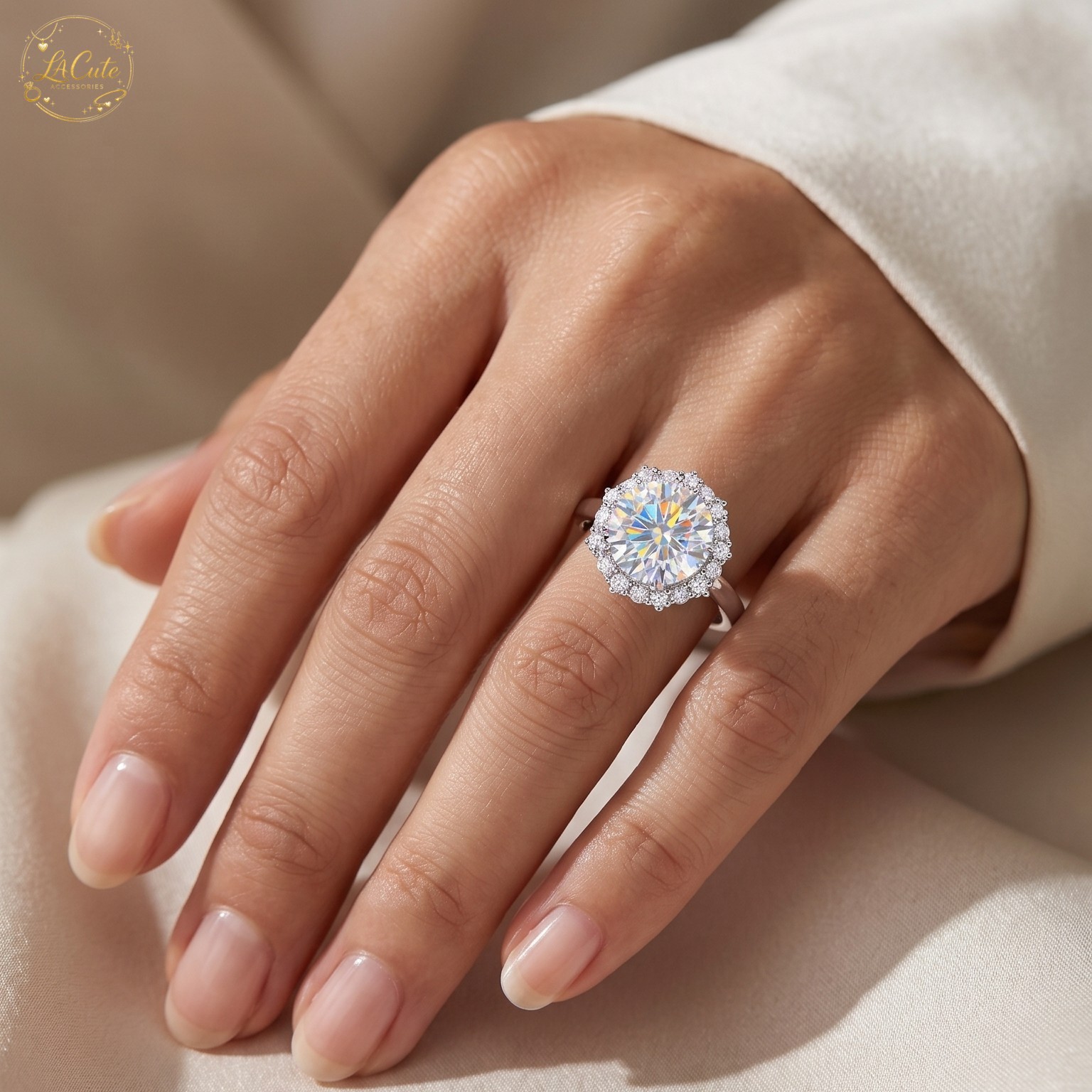 [US STOCK] 5CT CZ Halo Engagement Ring Silver Tone Adjustable Promise Gift Women