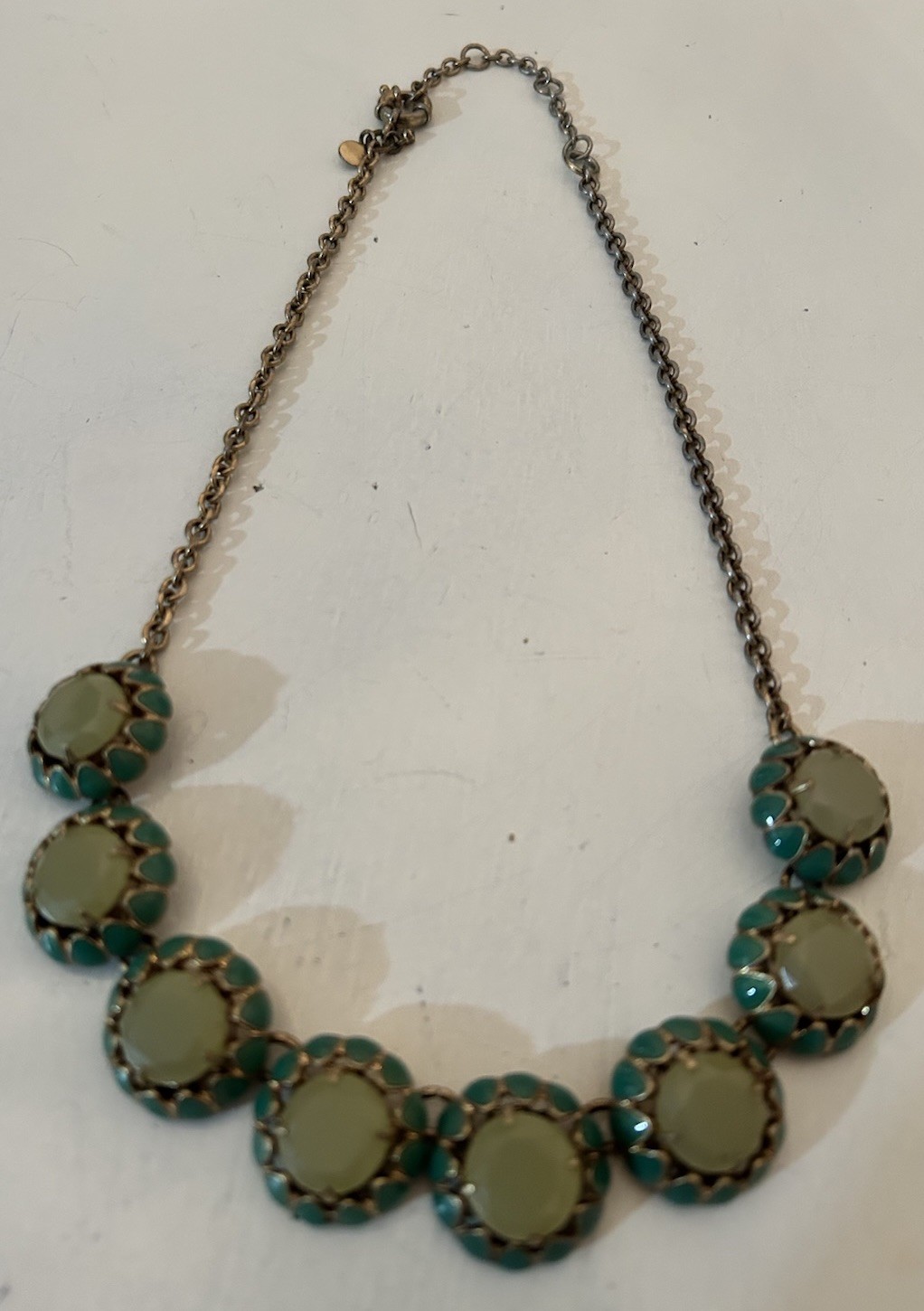 J Crew Scalloped Cupcake Necklace Green Stones & Enamel Gold Toned Metal