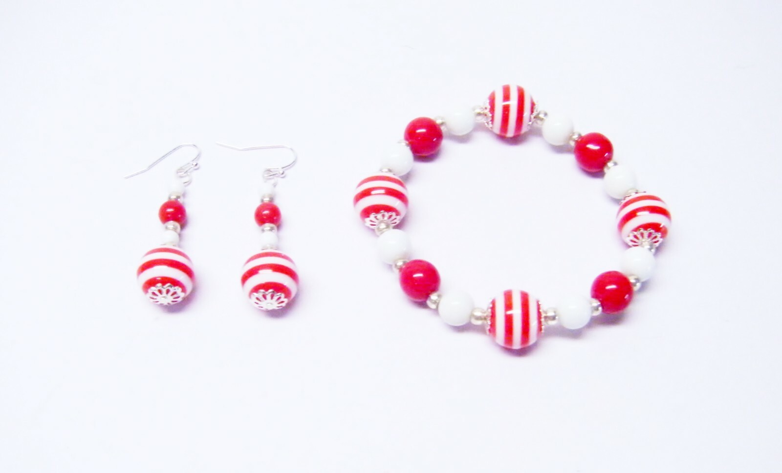 Red/White Stripe Acrylic w/White Glass Bead Necklace/Bracelet/Earrings