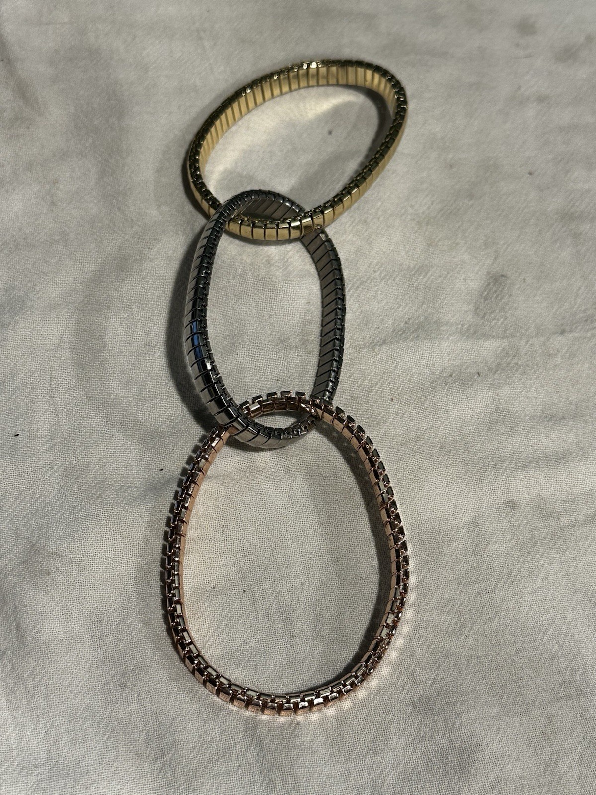 3 BAND TRI COLOR (GOLD, SILVER, ROSE GOLD) STRETCH ROLLING BRACELET SIGNED CN