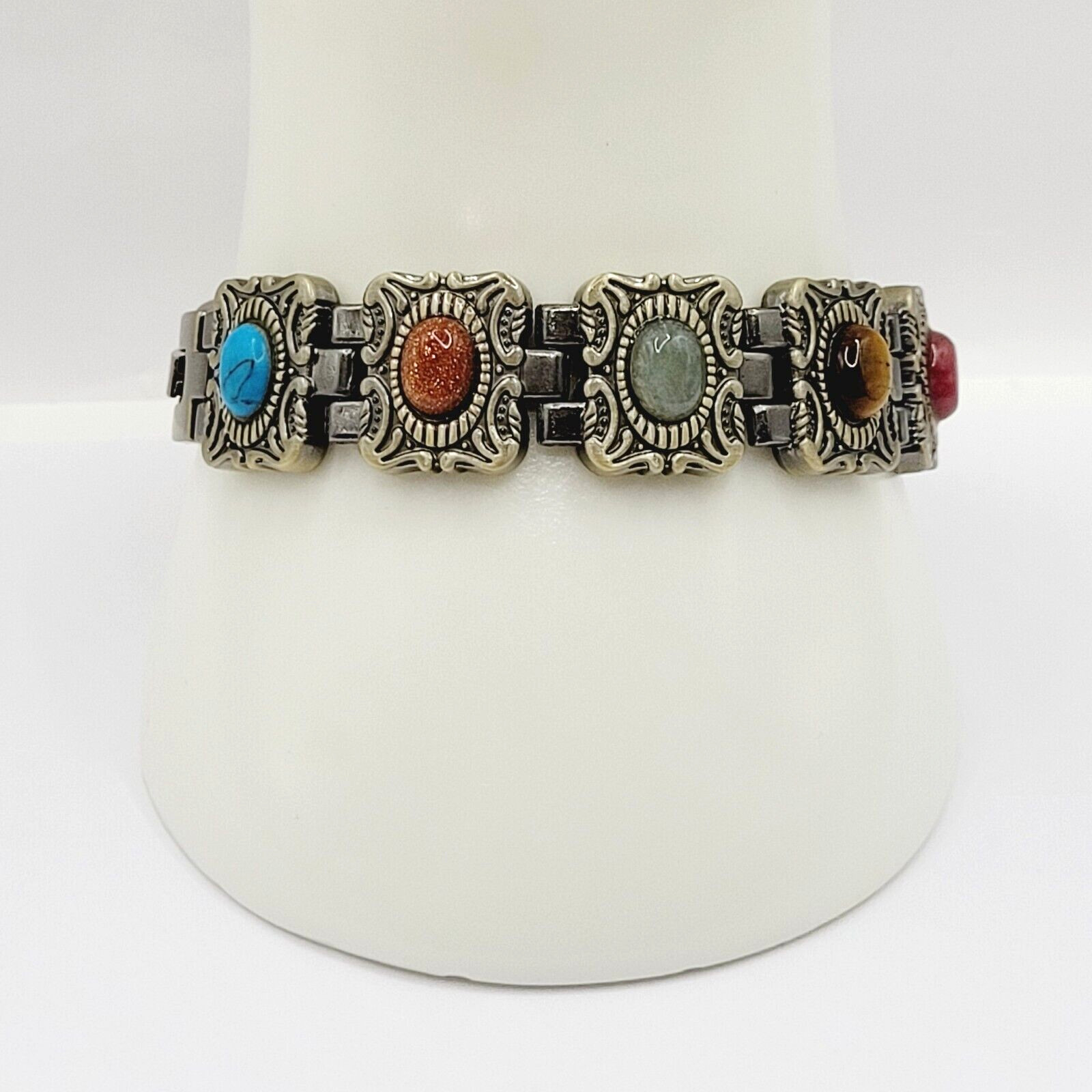 Ornate Western Style Multi Color Faux Gemstone Muted Gold Silver Tone Bracelet
