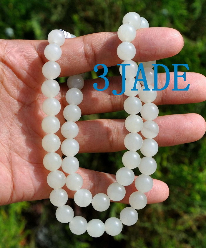 18″ Natural White Hetian Nephrite Jade Beads Necklace w/Certificate