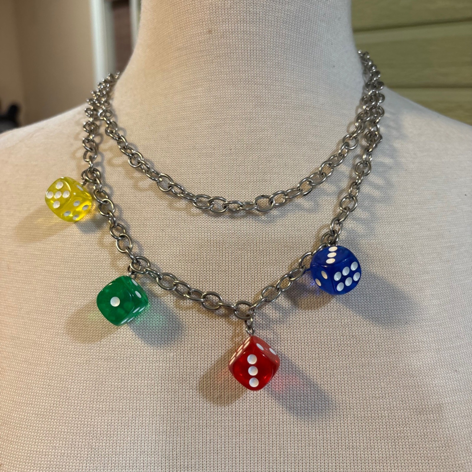 Silver Tone Double Layered Chain Necklace with Multicolor Translucent Dice