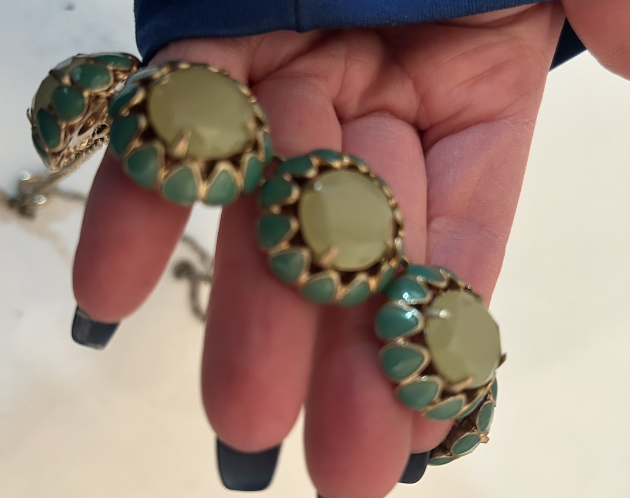 J Crew Scalloped Cupcake Necklace Green Stones & Enamel Gold Toned Metal