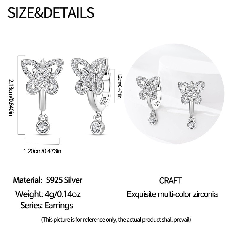 PANDACH Sterling Silver Dainty Crystals Butterfly Dangle Hoop Earrings For Women