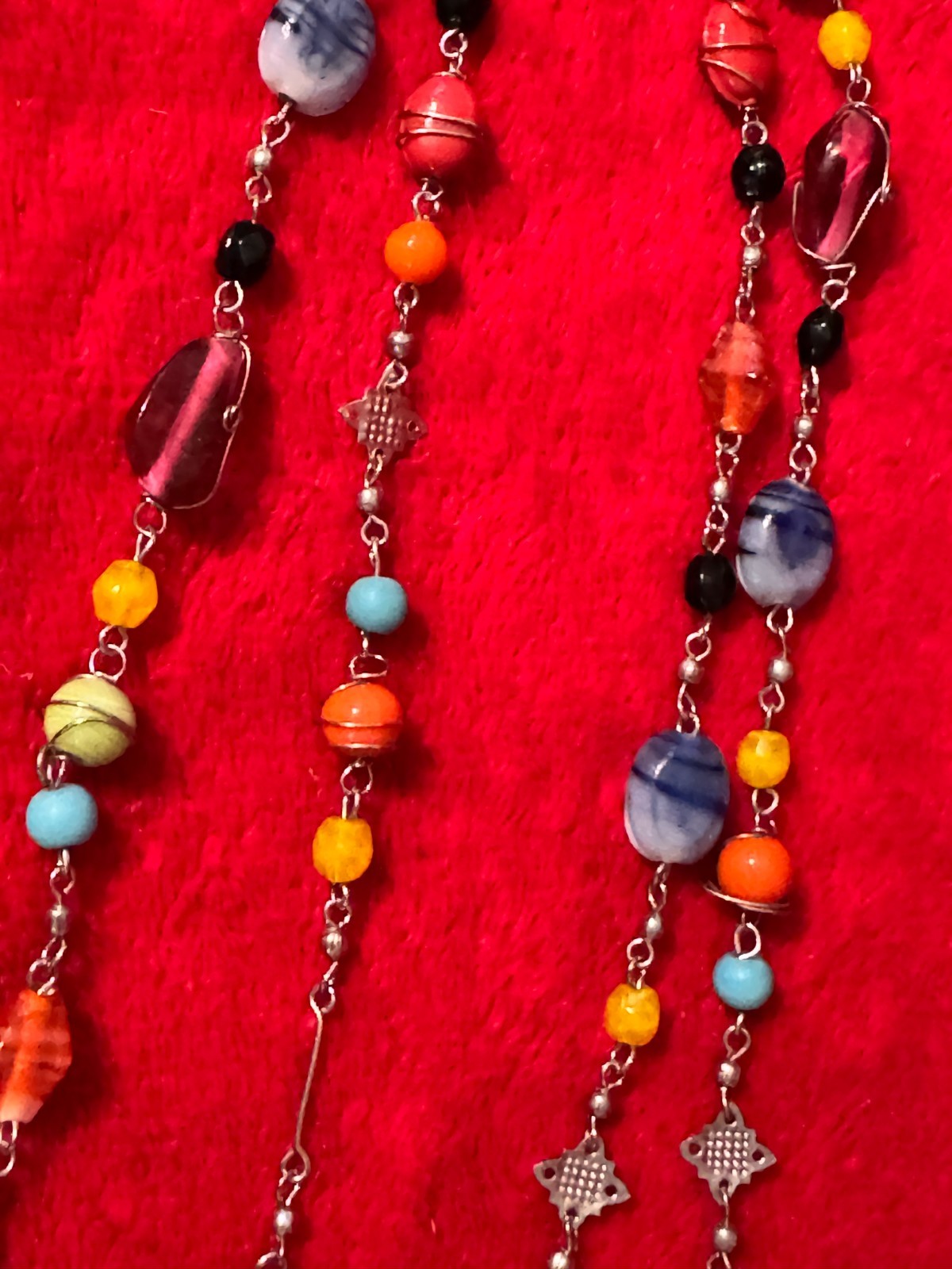 Multicolor Glass Beads and Silvertone Metal Between The Beads Very Long Necklace