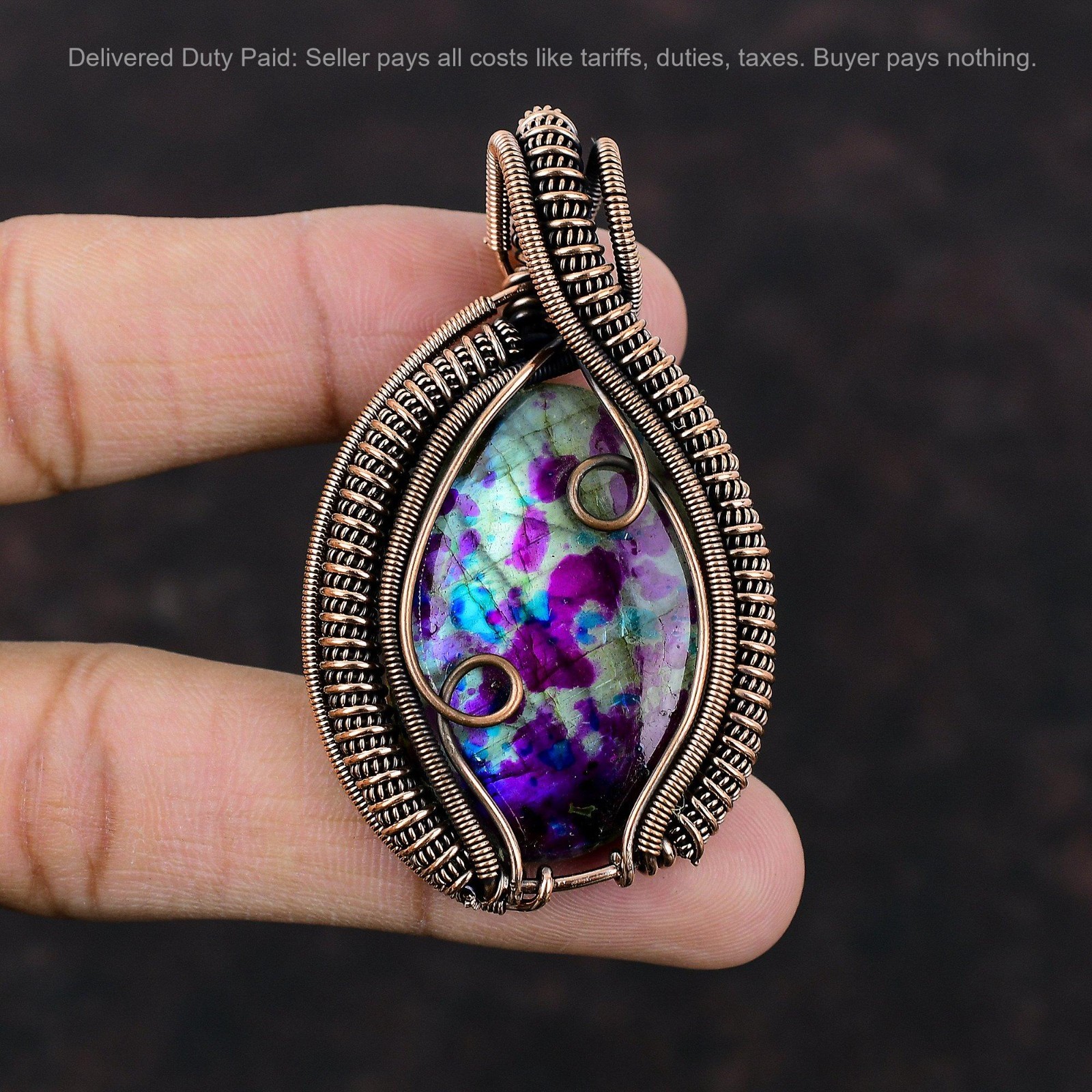 Halloween Deal Natural Multi Fire Labradorite Copper Wire Wrapped Wife Pendant