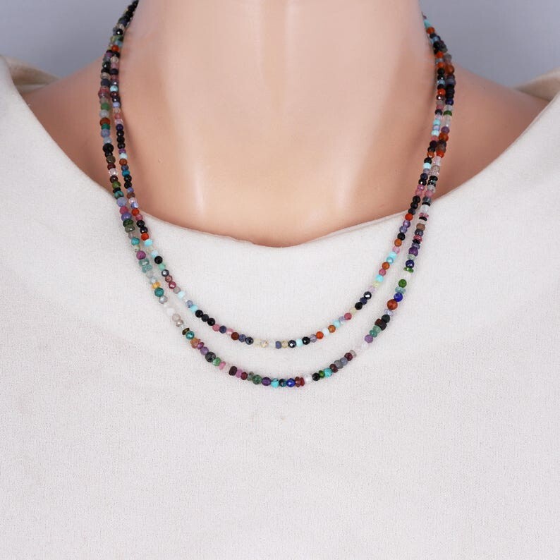 A++ Dainty 2 Layer Multi Mix Faceted Round Gemstone Beaded Choker Necklaces 18”
