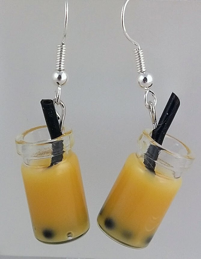 Fun orange brown boba bubble tea earrings, gift bagged Silver-plated ear hooks
