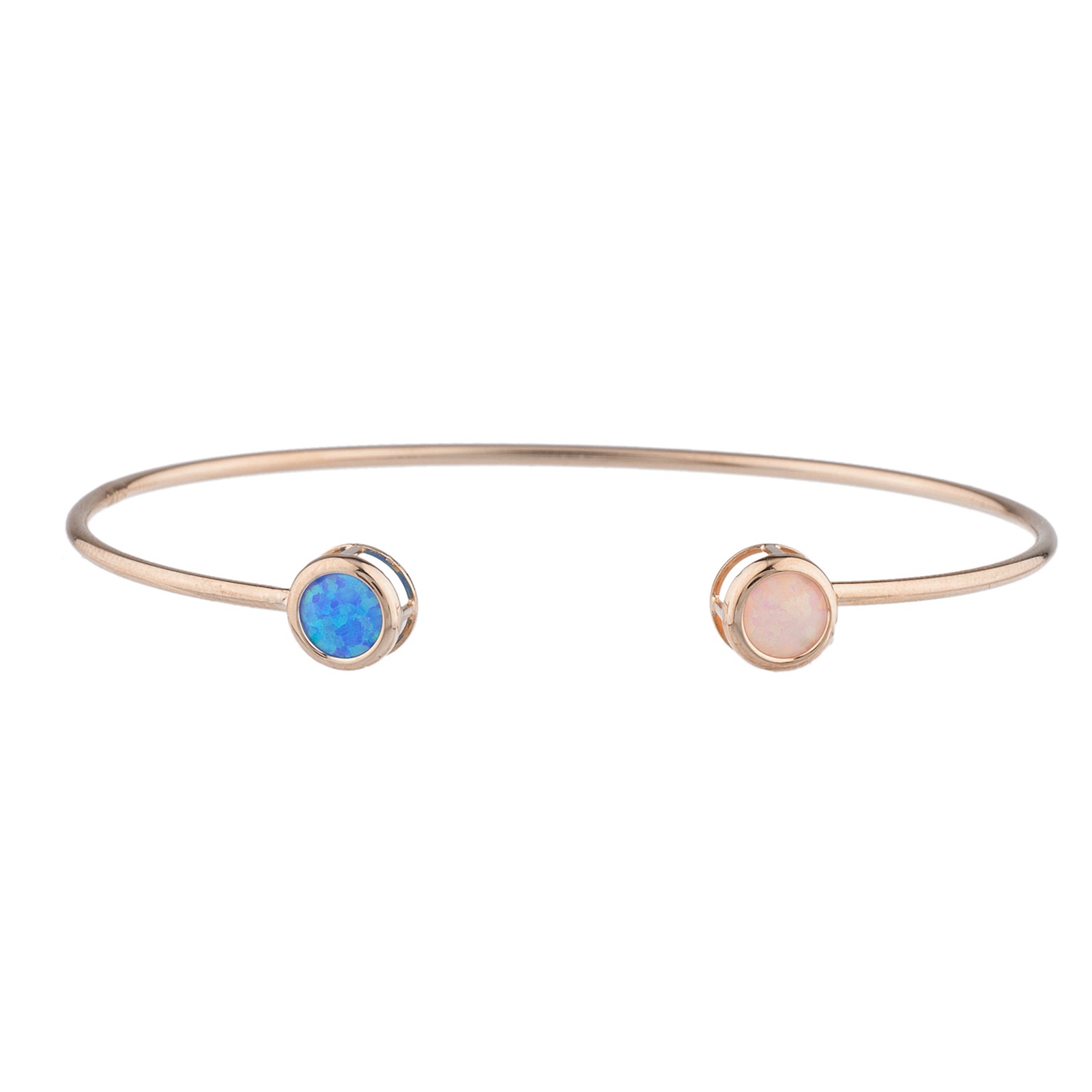 14Kt Gold Blue & Pink Opal Round Bezel Bangle Bracelet