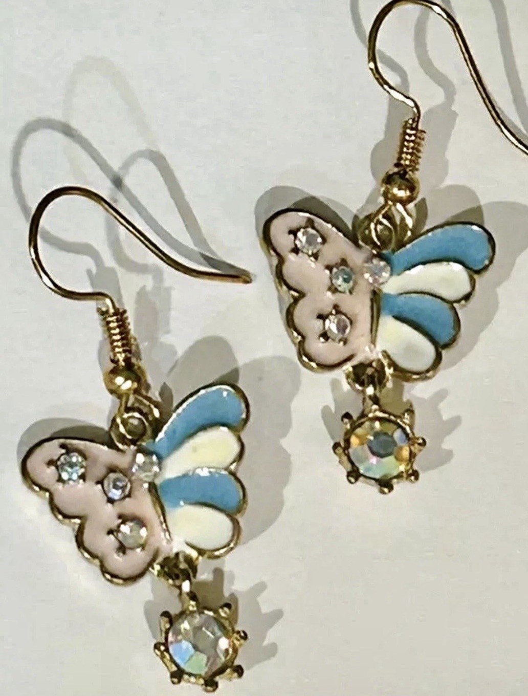 Gold Tone Blue Pink Enamel Rhinestone Butterfly Dangle Earrings NWOT