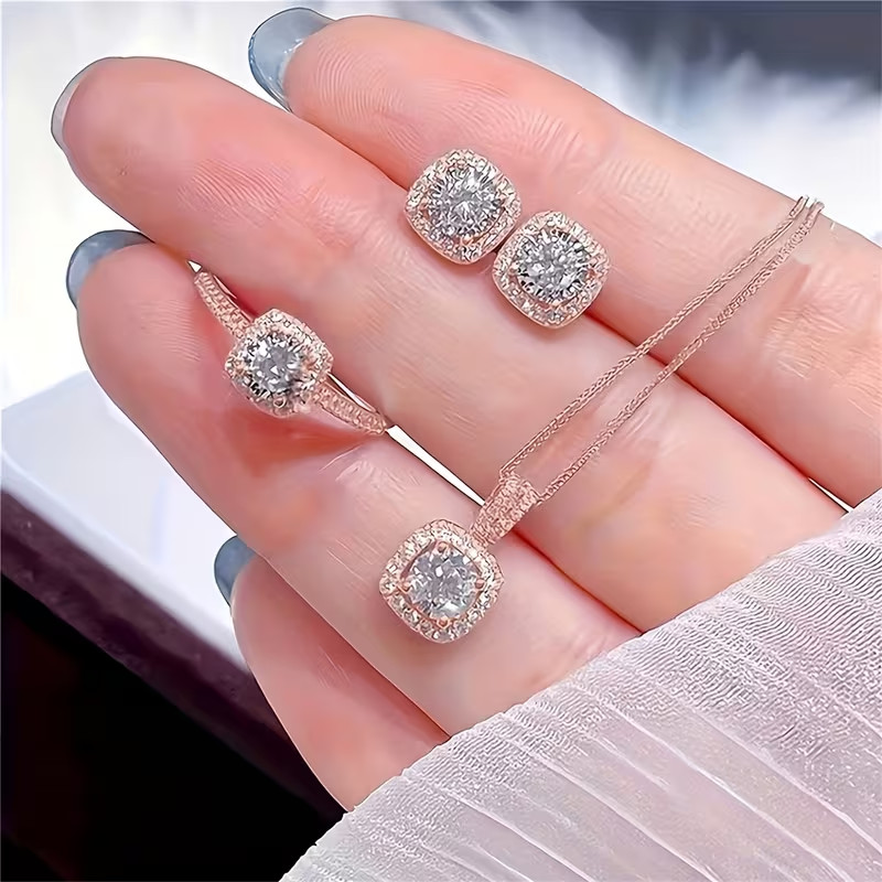4PCS Cubic Zirconia Jewellery Set Necklace Earrings Ring Daily wear Wedding Gift