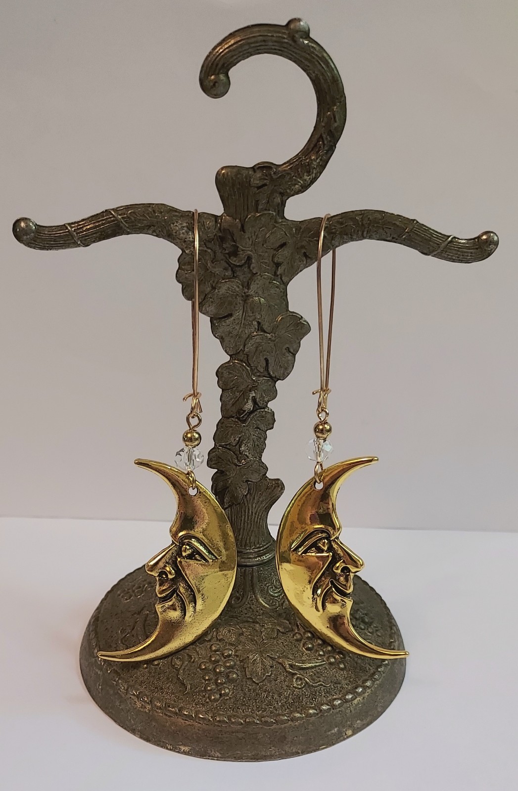 Moon Face Dangle Earrings Gold Tone Celestial Crescent Moon Statement