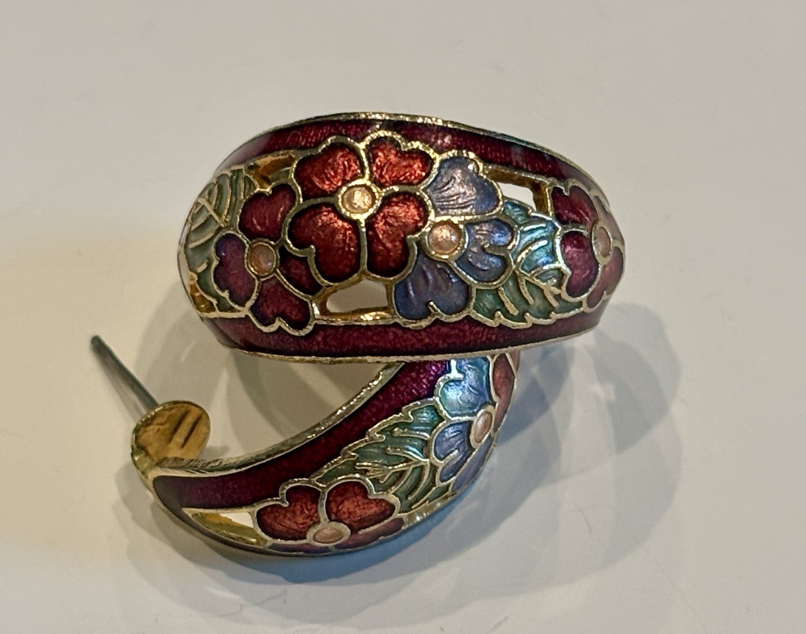 Multicolor Floral Enamelled Hoop Earrings Butterfly Back Pierced Lobe Pair