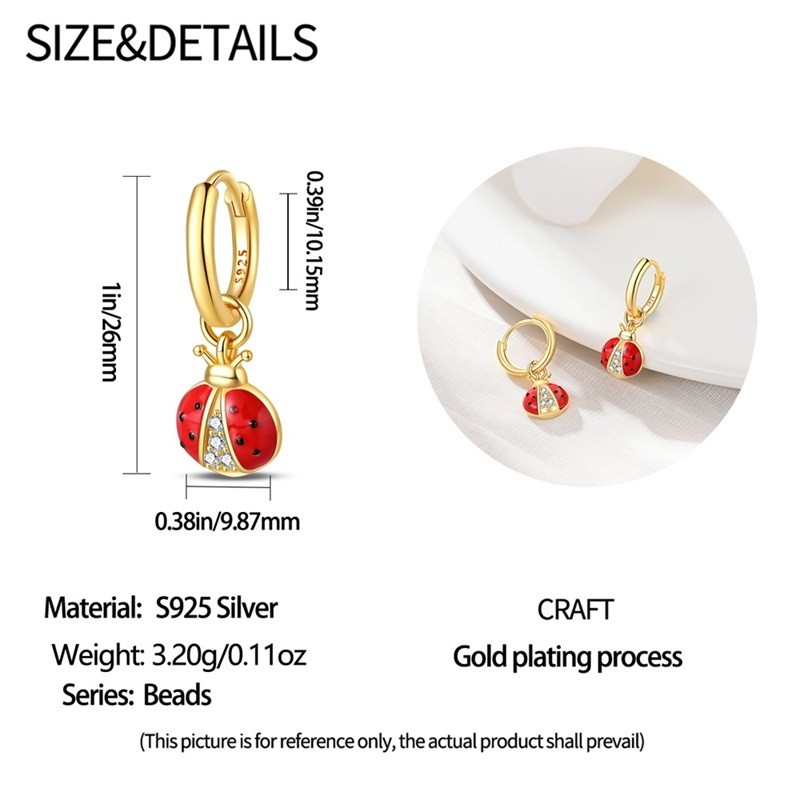 PANDACH 925 Sterling Silver Gold Plated Ladybug Drop Earrings For Women Jewelry