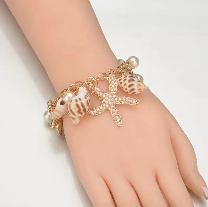 1pcs Gold Starfish & Conch Charm Bracelet – Pearl Accent Y2K Summer Jewelry
