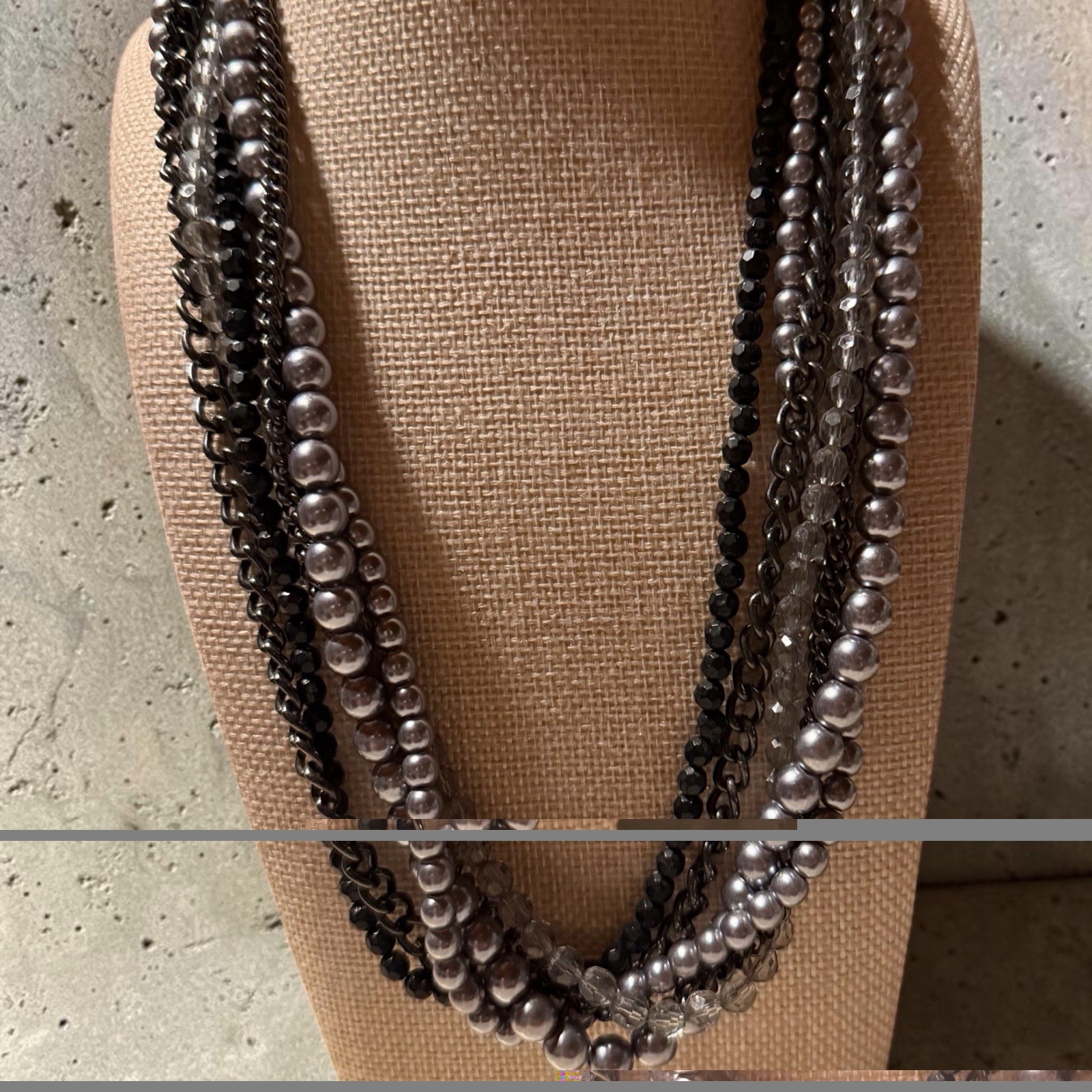 Premier Designs Black & Gray Layered Multi-Strand Beaded Chain Necklace