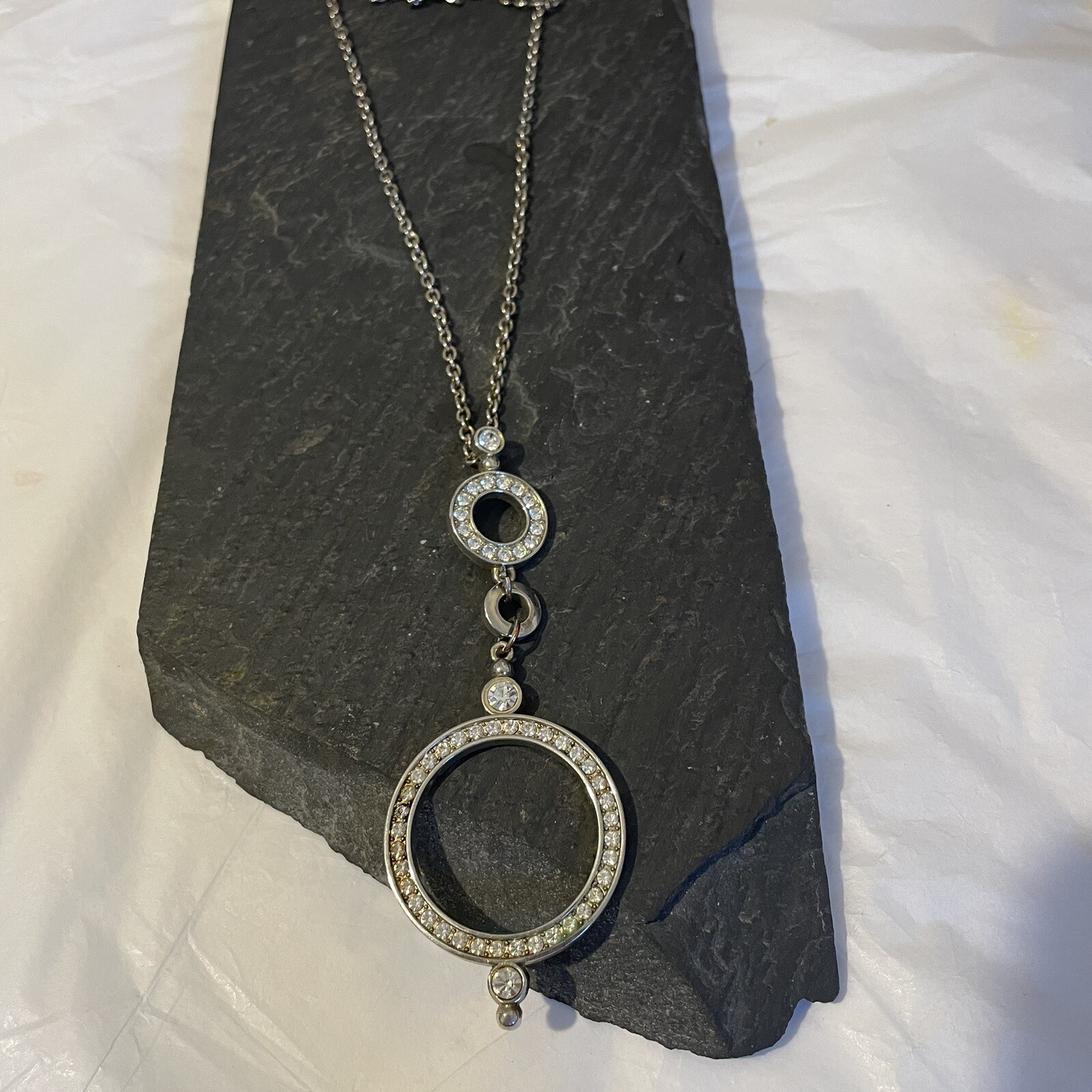 Vintage Necklace And Pendant Channel Set With Crystals On Long Silvertone Chain