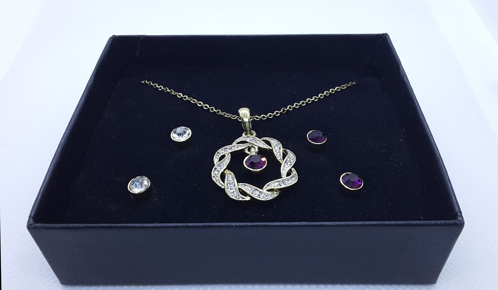 Demi Parure Pendant Earrings Amethyst Purple Clear Crystal Rhinestone Gold Tone