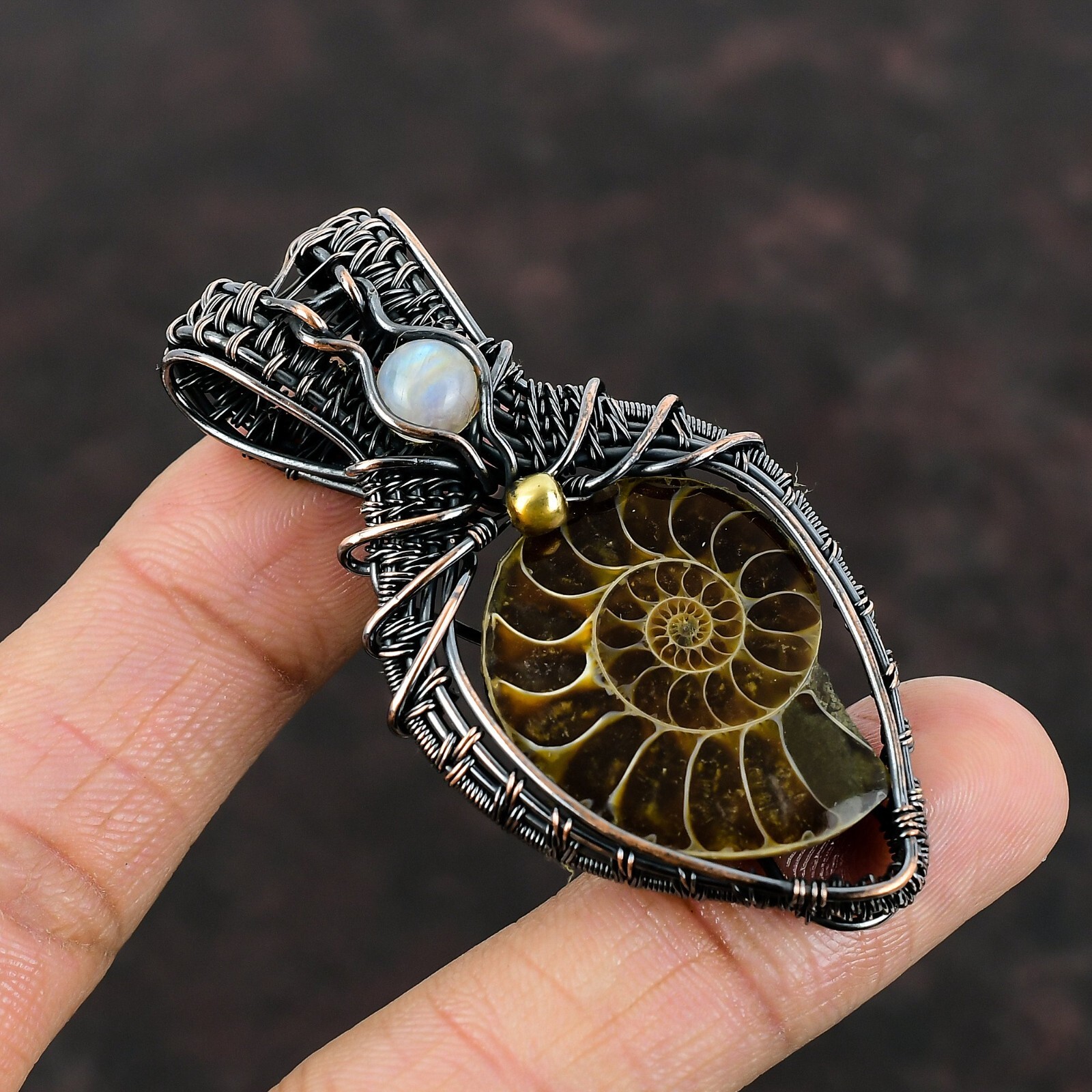 Ammonite Fossil Wire Wrapped Pendant Handcrafted Copper Gift 2.64″
