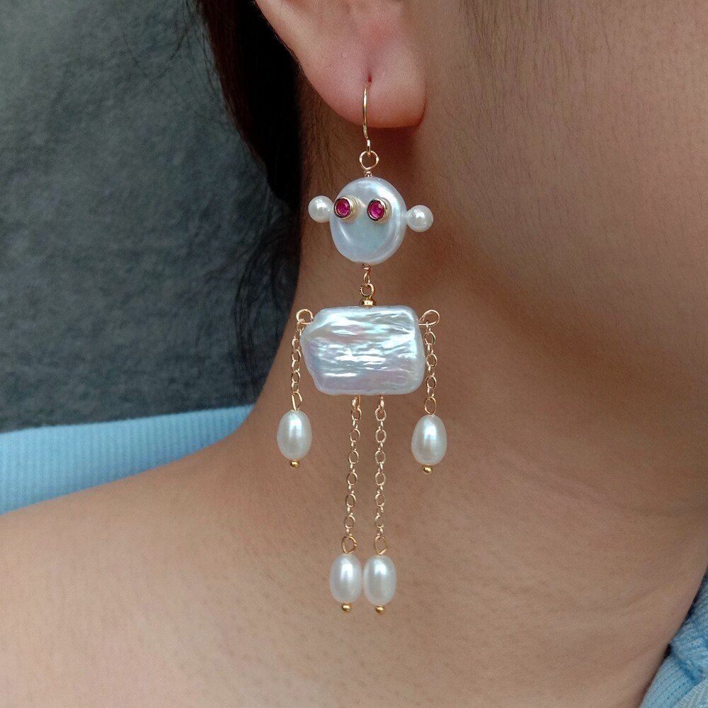 3.1″ Cultured White Pearl Earrings Robot Shape Dangle Earrings Novelty Jewelry