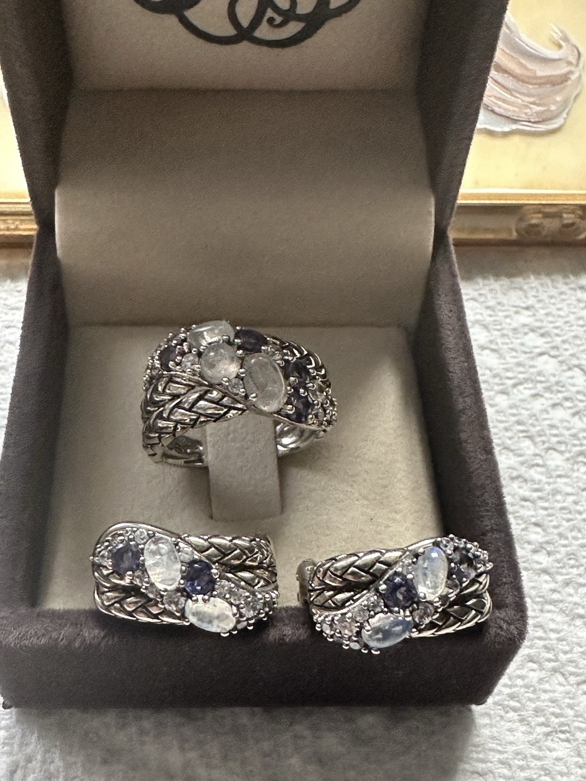New 925 Silver Moonstone & CZ Jewelry Set – Ring & Earrings, Elegant Gift