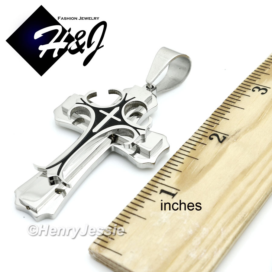 18-40″Stainless Steel 8mm Silver Interlock Chain Black Plated Cross Pendant*H2