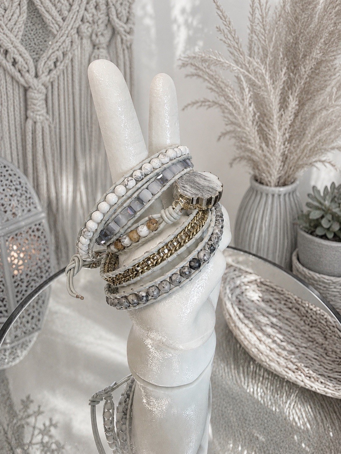Plumiss Boho Wrap Druzy Bracelet 35” Layered White And Gray Mixed Beads