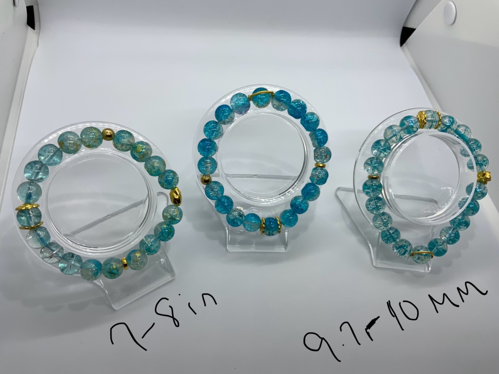 Lot of 3 Blue Teal Glass 9.5-10mm Bead Bracelet Jewelry Holiday 7in-8inch