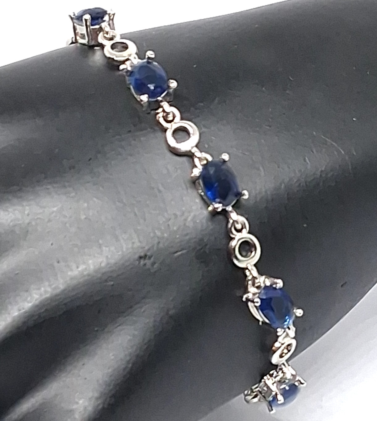 Vintage Silver Tone Blue Glass Rhinestone Tennis Bracelet Size- 7 Inch