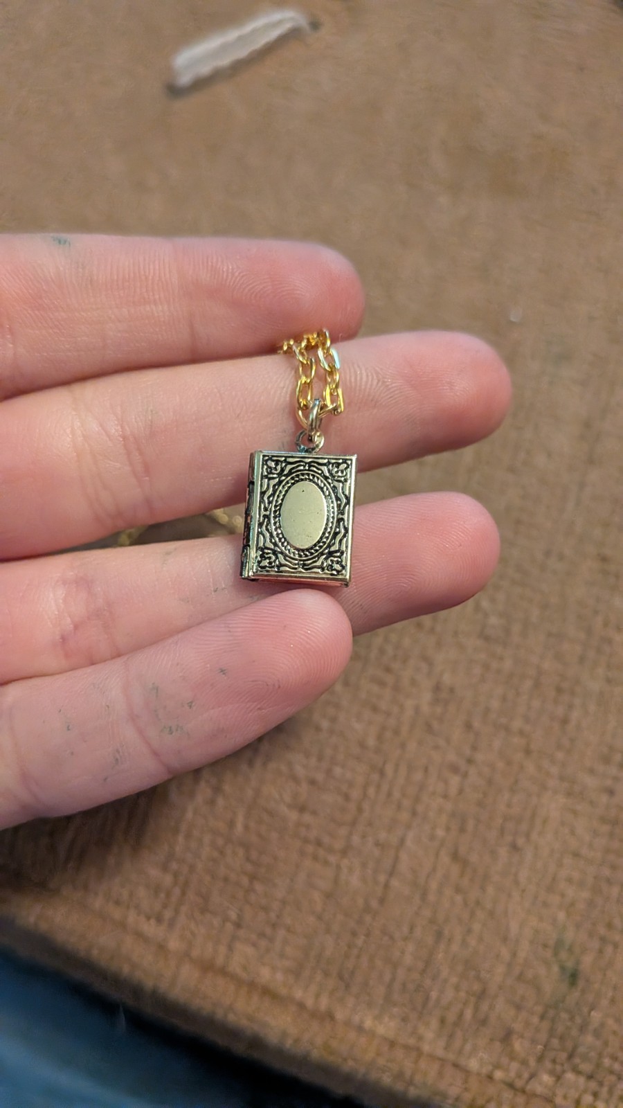 handmade Gold Tone Rope Chain book locket Necklace Rectangle Metal No Stone