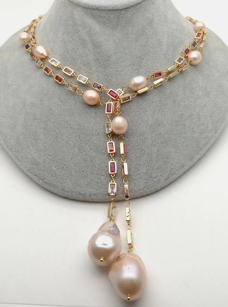 1Pcs Freshwater Baroque Pearl Mixed Color Rectangle Cz Pave Long Chain Necklace