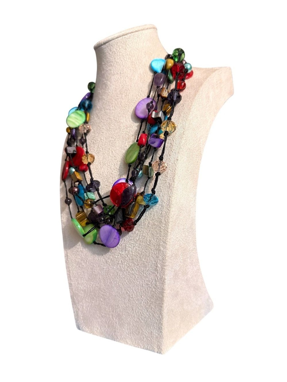Multistrand Colorful Bead Necklace in Red, Green, Purple, Blue and Gold