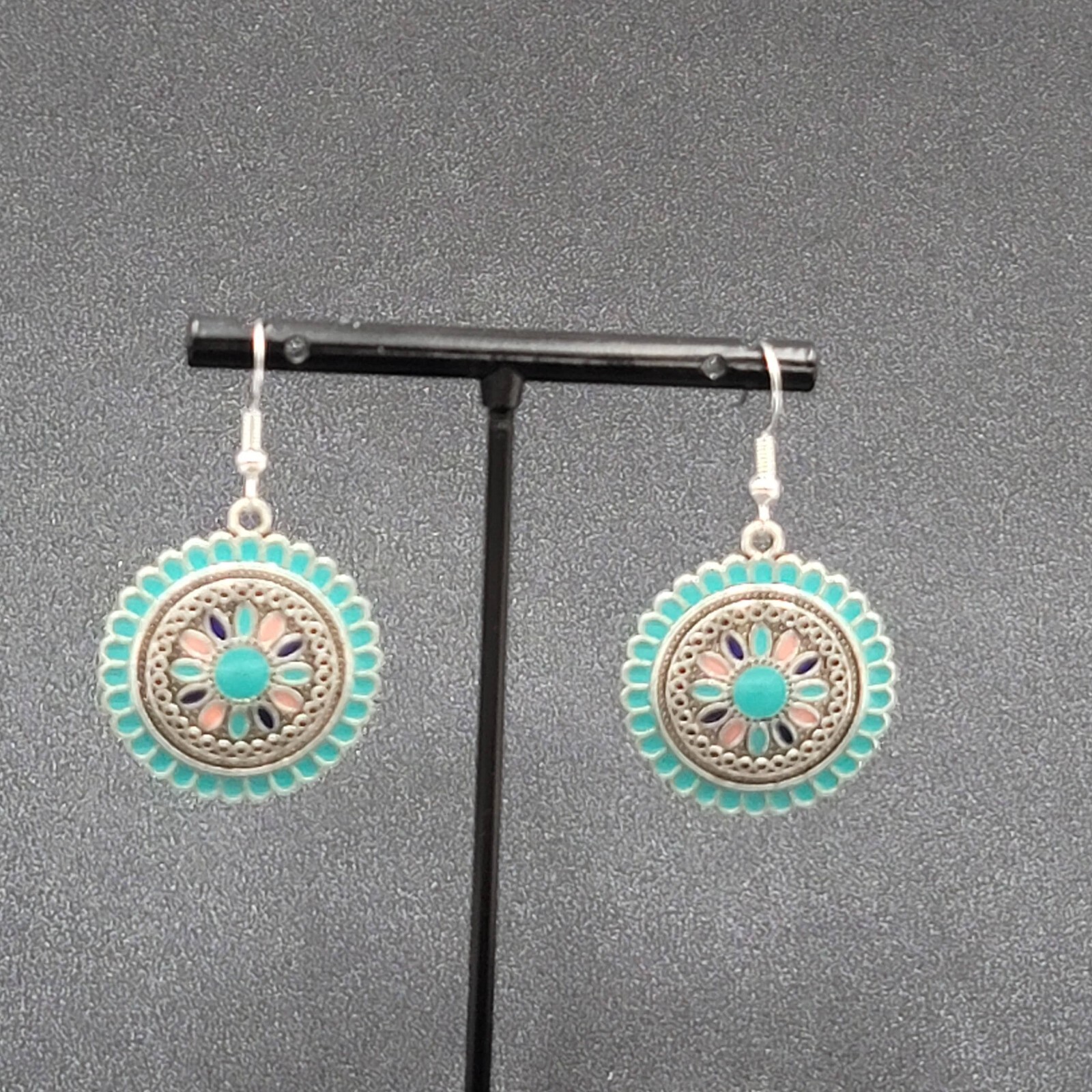 Pierced Earrings Silver tone Enamel Medallion Round Dangle Multicolor 1″