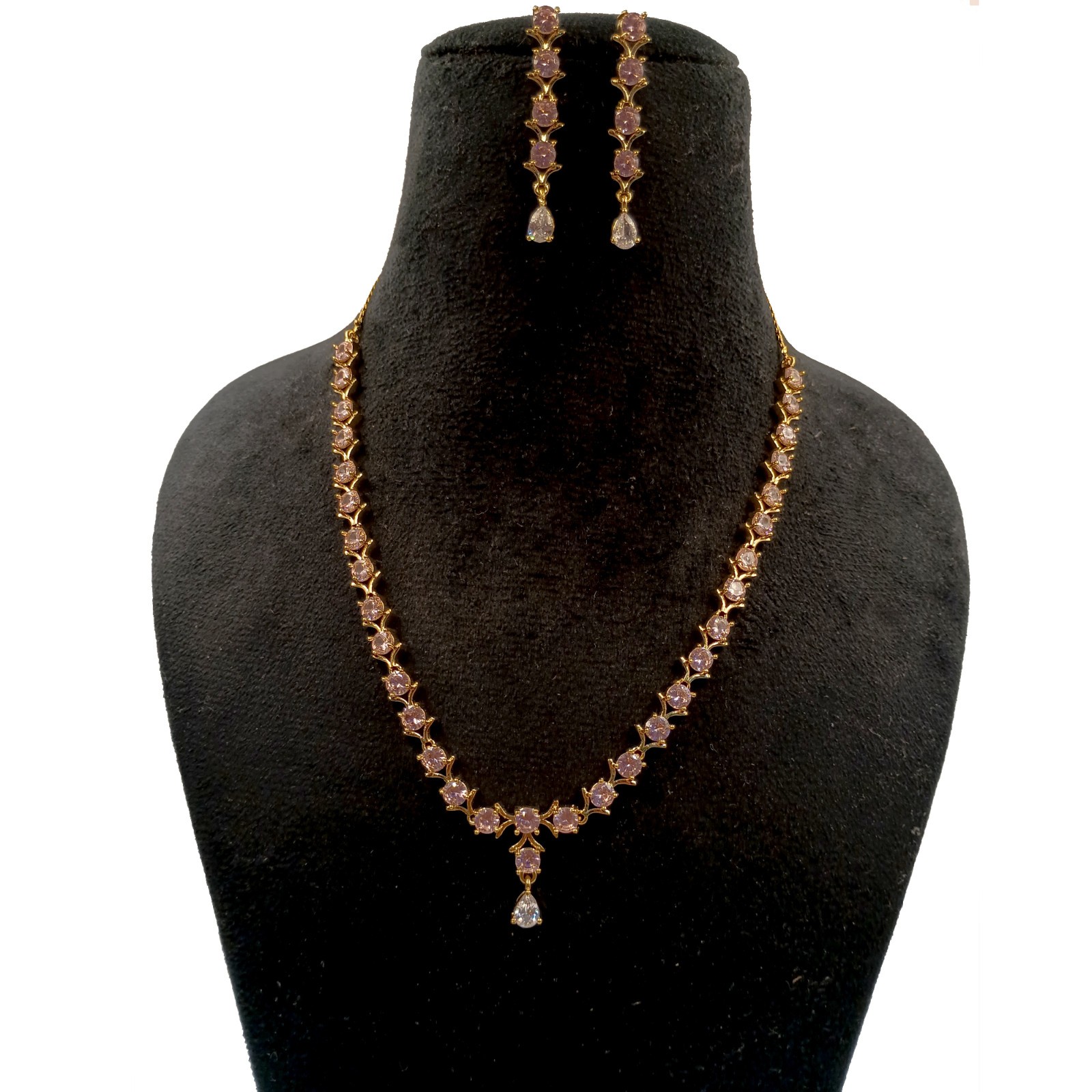22K Gold Plated Pink Morganite Choker Set Handmade Round Crystal Party Necklace