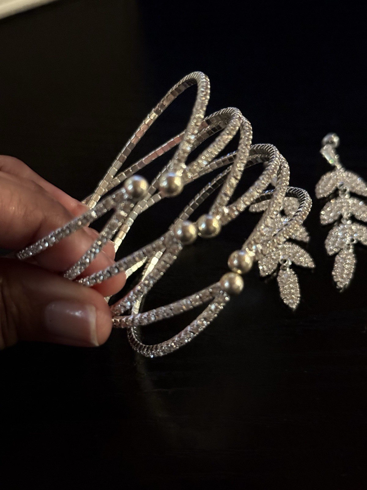 Silver Tone Crystal Leaf CostumeJewelry Set Bracelet & Drop Earrings
