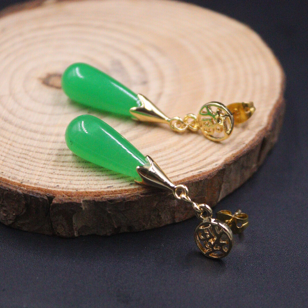 Handmade Chalcedony Earrings Hook 18K Gold Plated Green Jade Earrings Dangle