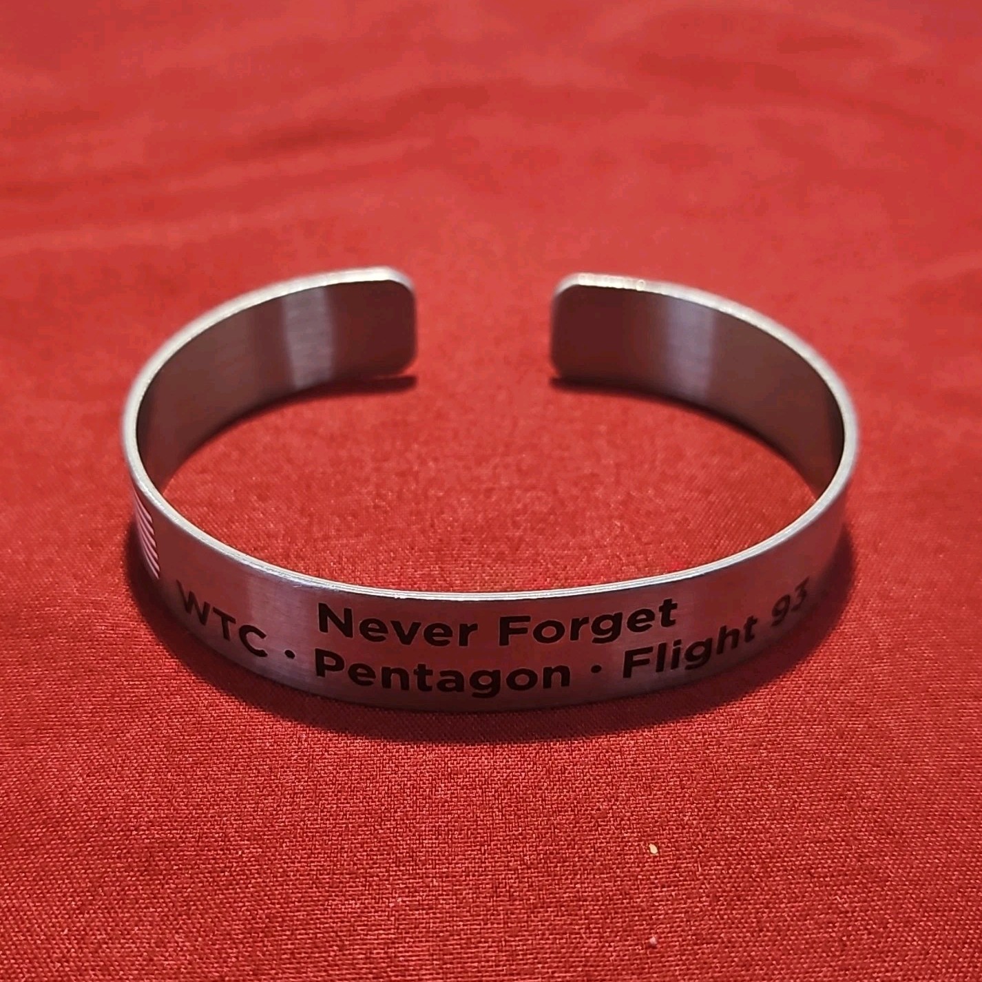 Silver Tone Engraved Cuff Bracelet, 9/11 Memorial Never Forget WTC Flight 93