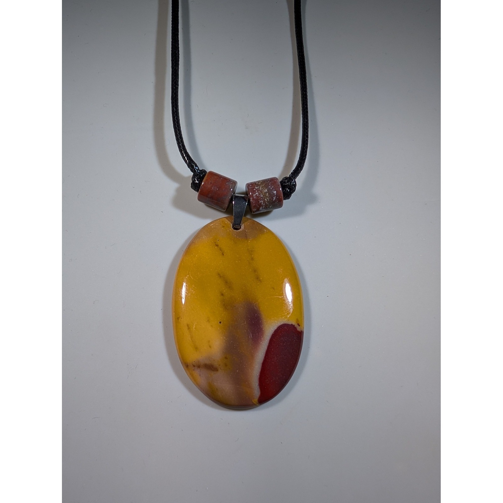Mookaite Jasper Oval Pendant Necklace Adjustable Black Cord Yellow Red Stone