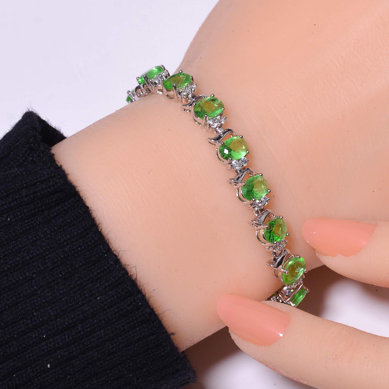 Green Amethyst & Cubic Zirconia 925 Sterling Silver Tennis Bracelet 7.99″ B17